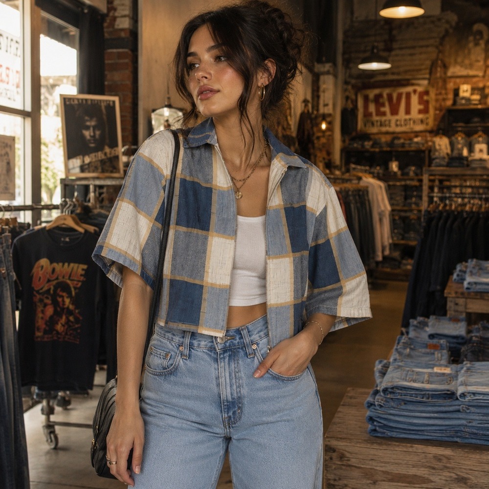 Lemon Grass Blue Cream Buffalo Plaid Zip Front S Jacket‎ 3/4 SleeveTextured
